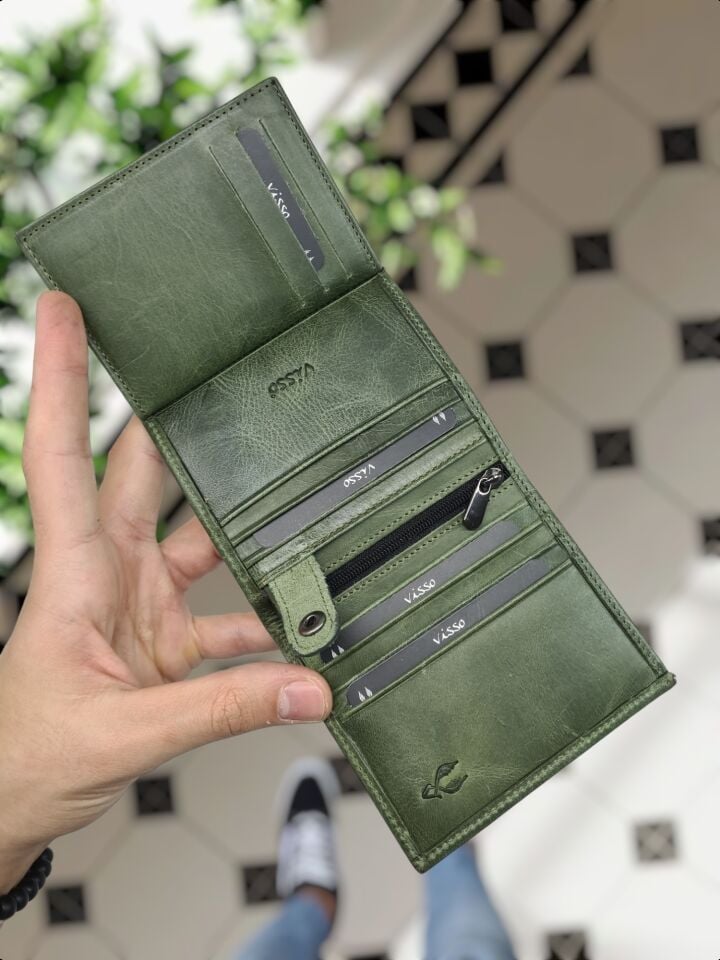 VİSSO 114 HAKİKİ DERİ ÇANTA İSME ÖZEL KADIN ERKEK ÇITIÇITLI FERMUARLI Yeşil Granada CÜZDAN