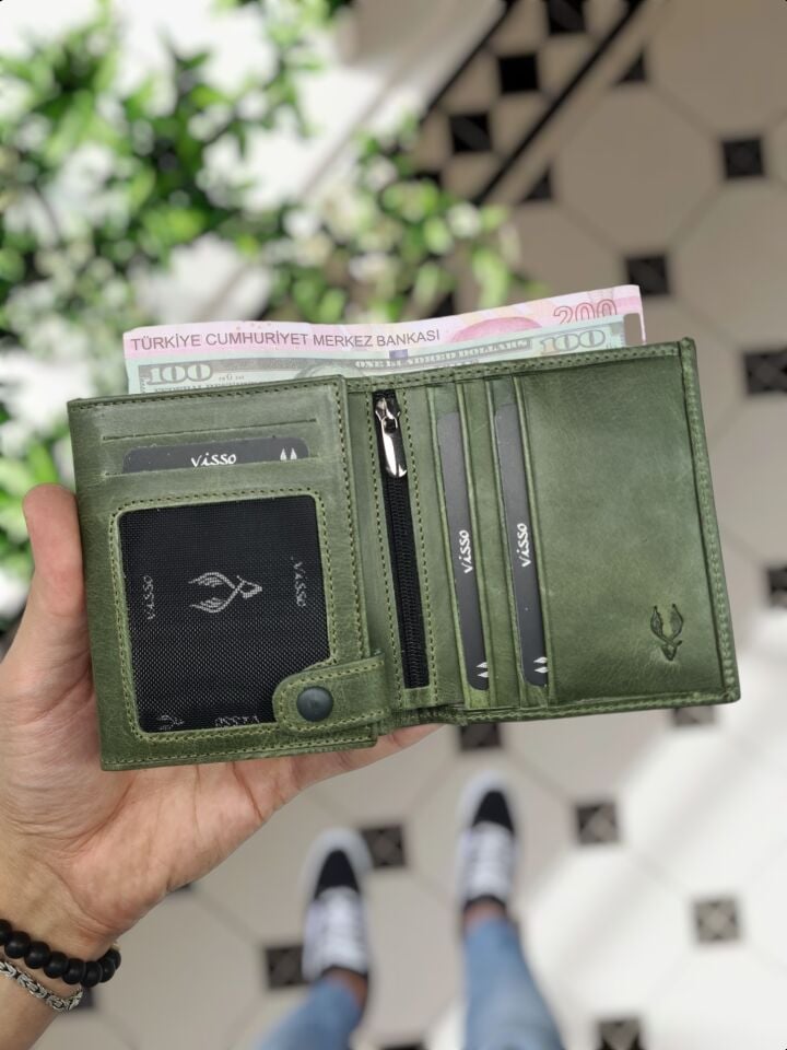 VİSSO 114 HAKİKİ DERİ ÇANTA İSME ÖZEL KADIN ERKEK ÇITIÇITLI FERMUARLI Yeşil Granada CÜZDAN