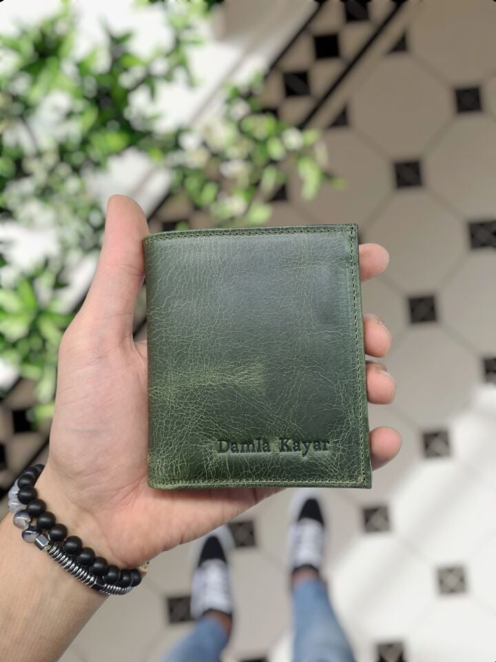 VİSSO 114 HAKİKİ DERİ ÇANTA İSME ÖZEL KADIN ERKEK ÇITIÇITLI FERMUARLI Yeşil Granada CÜZDAN