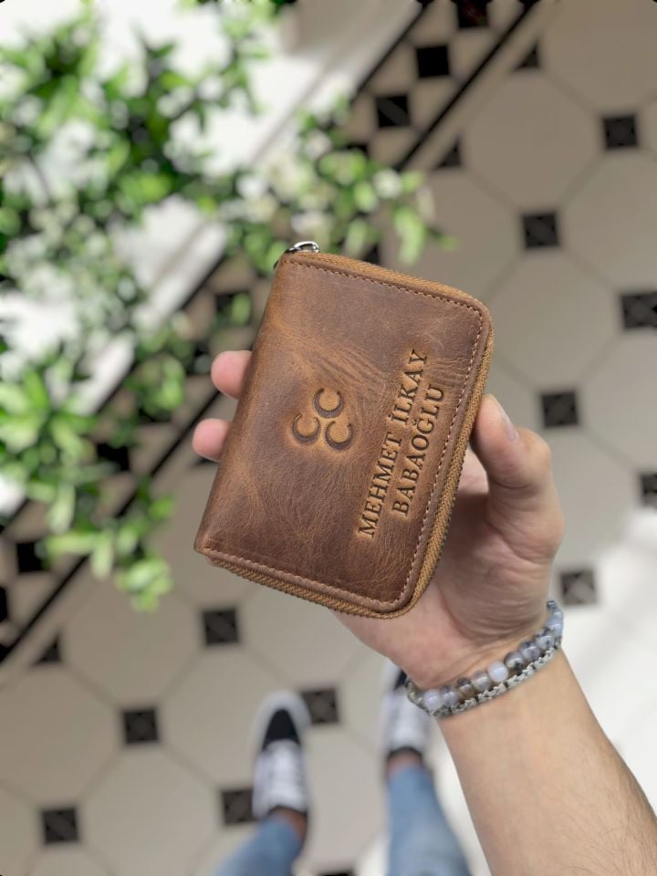 VİSSO 661 Fermuarlı Kredi Kartlık Model Hakiki Deri Çanta Kişiye Özel FINDIK MATRİX ÜÇ HİLAL LOGO