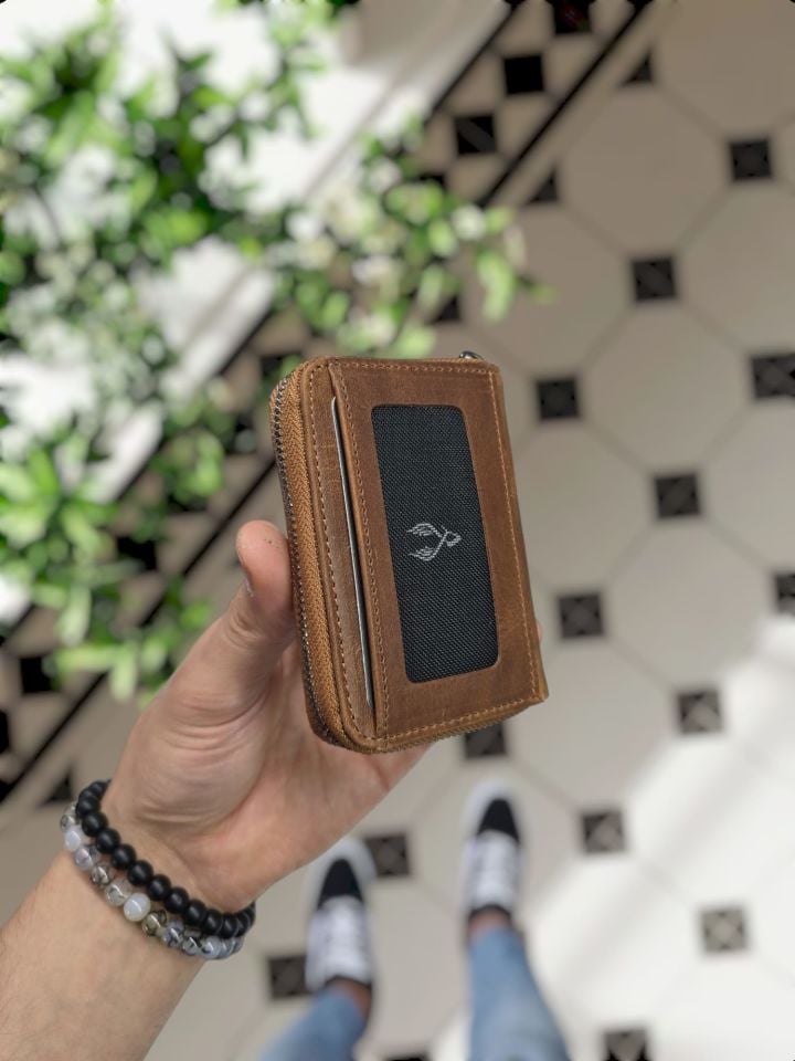 VİSSO 661 GERÇEK DERİ ÇANTA İSME ÖZEL  ERKEK VE KADIN İÇİN FERMUARLI AKORDİYON-YELPAZE KREDİ KARTLIK MODEL FINDIK MATRİX