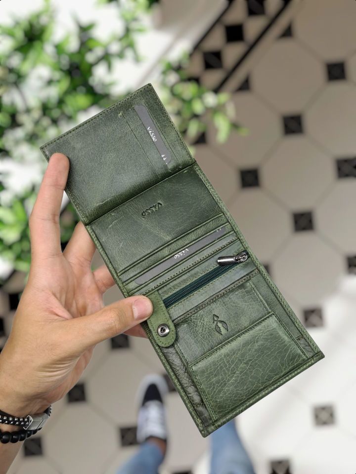 VİSSO 111 CEPLİ HAKİKİ DERİ ÇANTA  İSME ÖZEL BOZUK PARA CEPLİ FERMUARLI ÇITÇITLI KADIN ERKEK CÜZDAN BAY Yeşil Granada ÇAPA LOGOLU