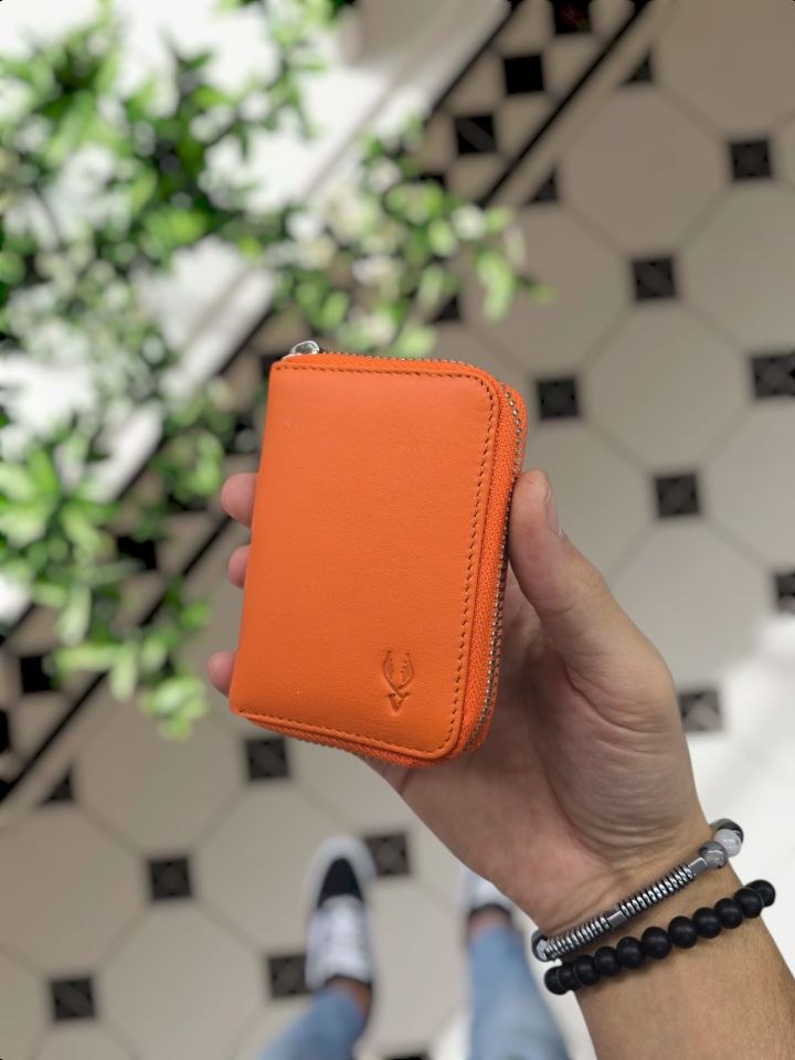 VİSSO 661 GERÇEK DERİ ÇANTA İSME ÖZEL ERKEK VE KADIN İÇİN FERMUARLI AKORDİYON-YELPAZE KREDİ KARTLIK MODEL Turuncu NAPA