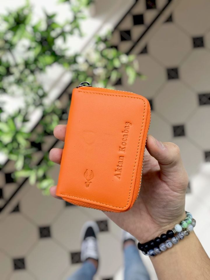 VİSSO 661 GERÇEK DERİ ÇANTA İSME ÖZEL ERKEK VE KADIN İÇİN FERMUARLI AKORDİYON-YELPAZE KREDİ KARTLIK MODEL Turuncu NAPA