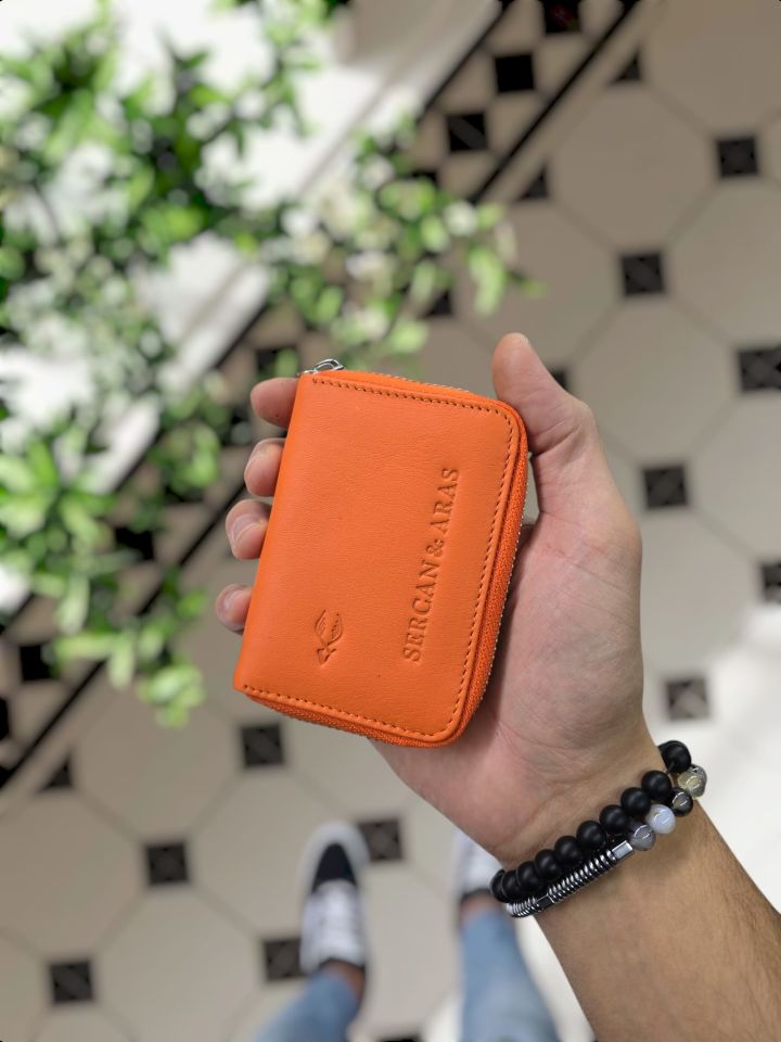 VİSSO 661 GERÇEK DERİ ÇANTA İSME ÖZEL ERKEK VE KADIN İÇİN FERMUARLI AKORDİYON-YELPAZE KREDİ KARTLIK MODEL Turuncu NAPA
