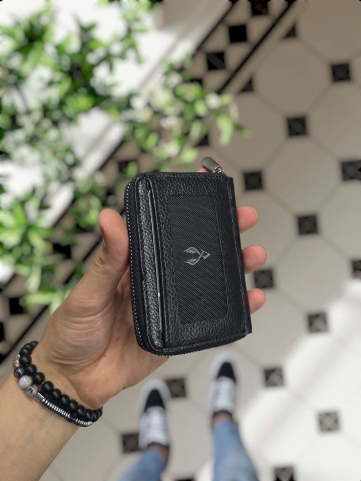 VİSSO 661 GERÇEK DERİ ÇANTA SİYAH GUTTY İSME ÖZEL  ERKEK VE KADIN İÇİN FERMUARLI AKORDİYON-YELPAZE KREDİ KARTLIK MODEL