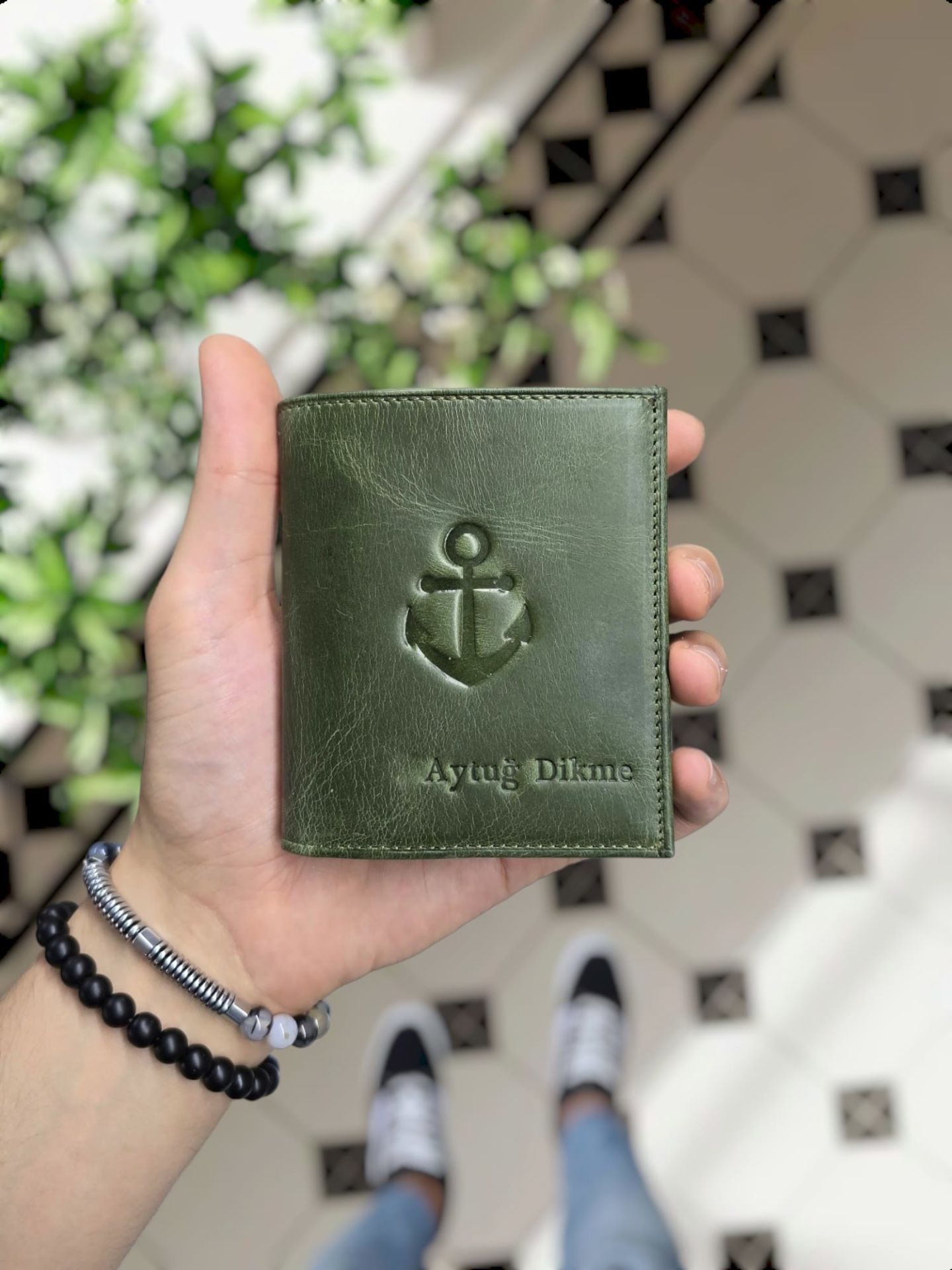 VİSSO 114 HAKİKİ DERİ ÇANTA İSME ÖZEL KADIN ERKEK ÇITIÇITLI FERMUARLI Yeşil Granada CÜZDAN ÇAPA LOGOLU