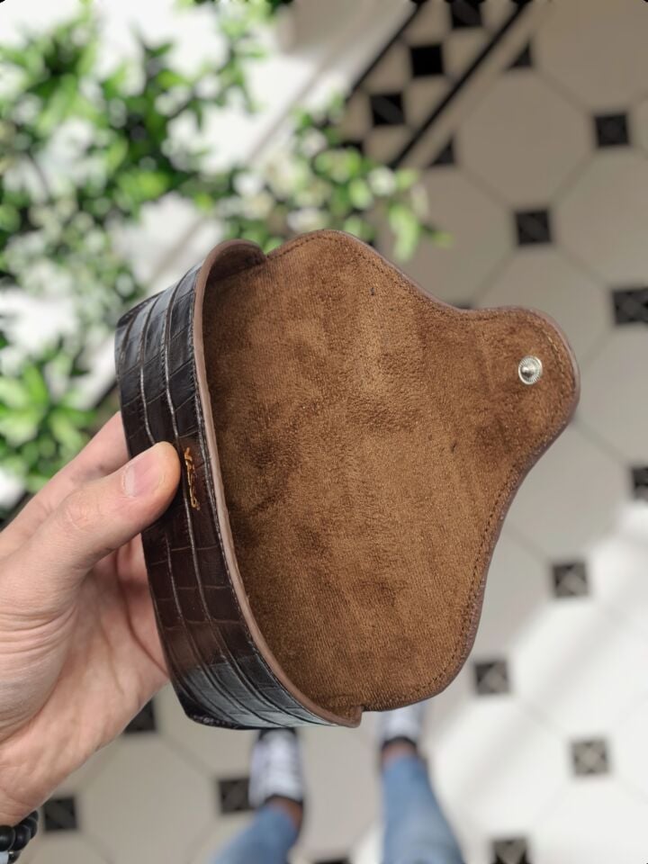 VİSSO 888 Hakiki Deri İsme Özel Deri Gözlük Kılıfı Kahve Croco gözlük çanta