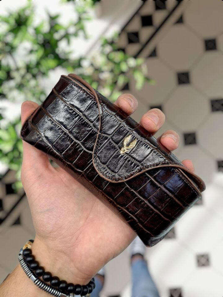 VİSSO 888 Hakiki Deri İsme Özel Deri Gözlük Kılıfı Kahve Croco gözlük çanta