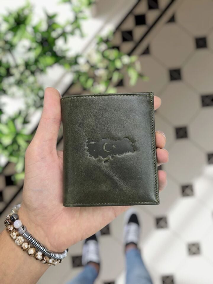 VİSSO 114 HAKİKİ DERİ ÇANTA İSME ÖZEL KADIN ERKEK ÇITIÇITLI FERMUARLI Yeşil Granada   TÜRKİYEM HARİTA LOGOLU