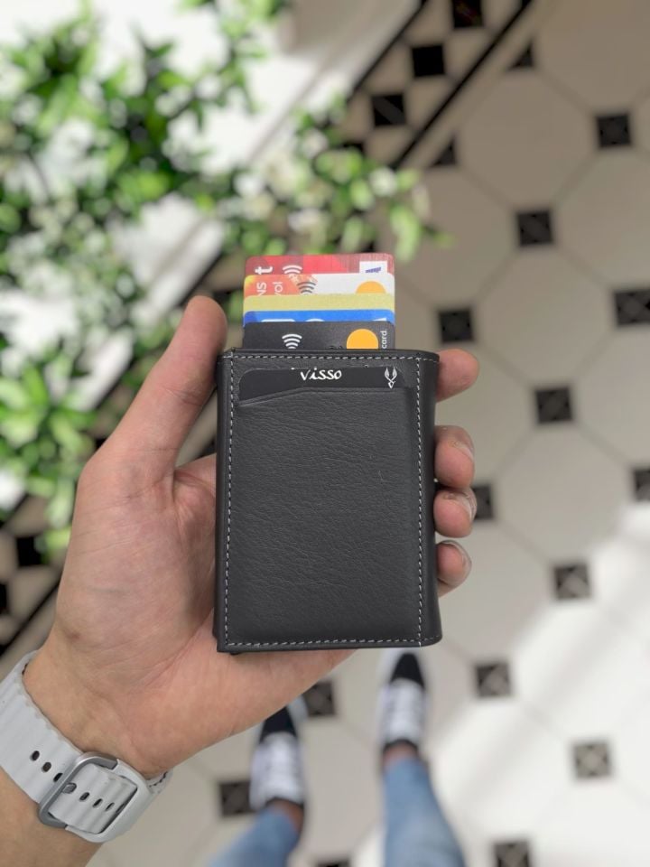 VİSSO 684 Hakiki Deri Kağıt Para Bölmeli Mekanizmalı Kartlık Cüzdan Kişiye Özel Çanta GRİ NATURAL CRAYZ