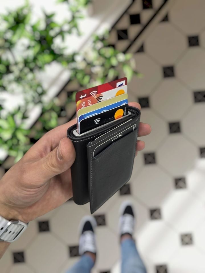 VİSSO 684 Hakiki Deri Kağıt Para Bölmeli Mekanizmalı Kartlık Cüzdan Kişiye Özel Çanta GRİ NATURAL CRAYZ