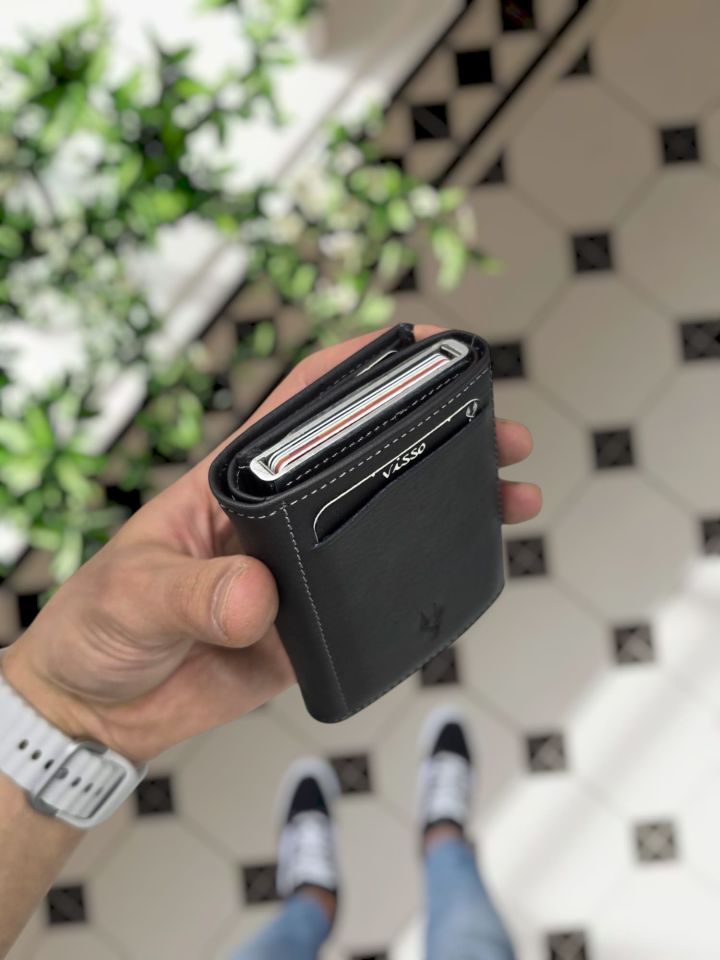 VİSSO 684 Hakiki Deri Kağıt Para Bölmeli Mekanizmalı Kartlık Cüzdan Kişiye Özel Çanta GRİ NATURAL CRAYZ