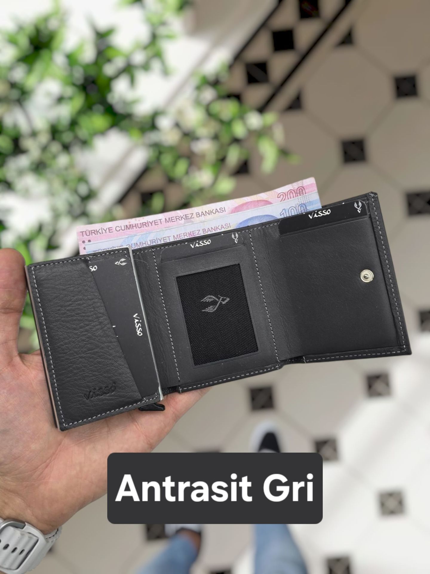 VİSSO 684 Hakiki Deri Kağıt Para Bölmeli Mekanizmalı Kartlık Cüzdan Kişiye Özel Çanta GRİ NATURAL CRAYZ