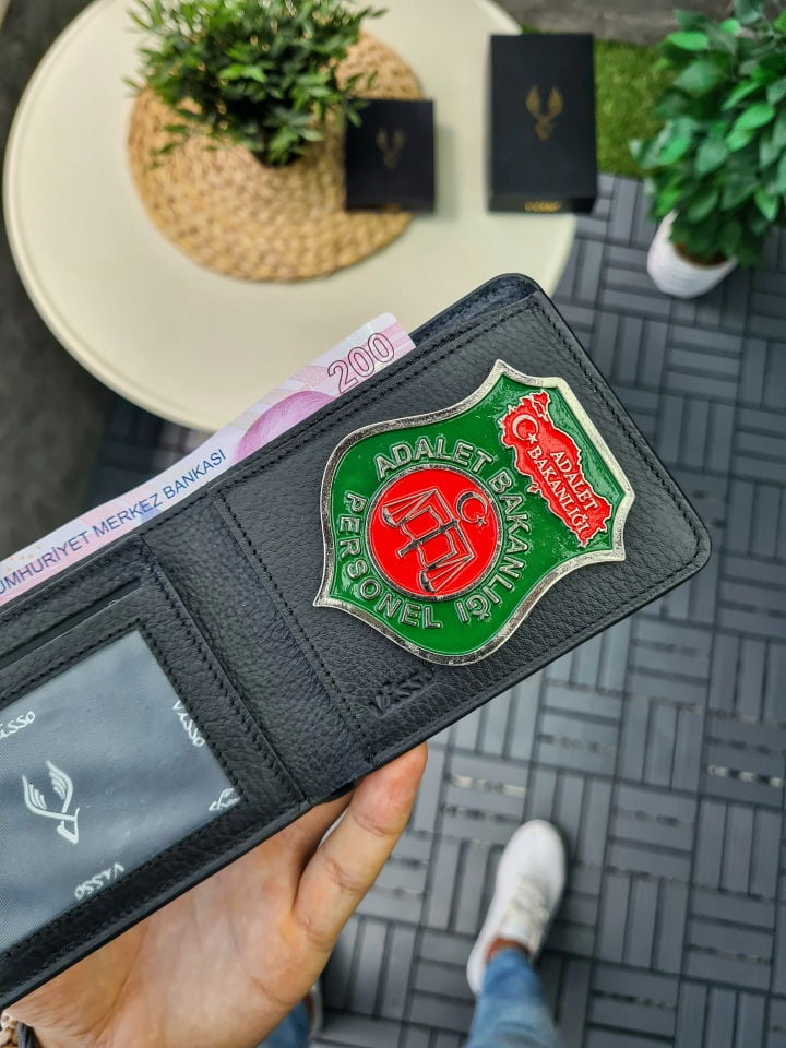 VİSSO 1236 HAKİKİ DERİ ÇANTA İSME ÖZEL Personel Adalet Bakanlığı ROZETLİ KAĞIT PARA VE KİMLİK BÖLMELİ ERKEK VE KADIN CÜZDAN Siyah Gutty