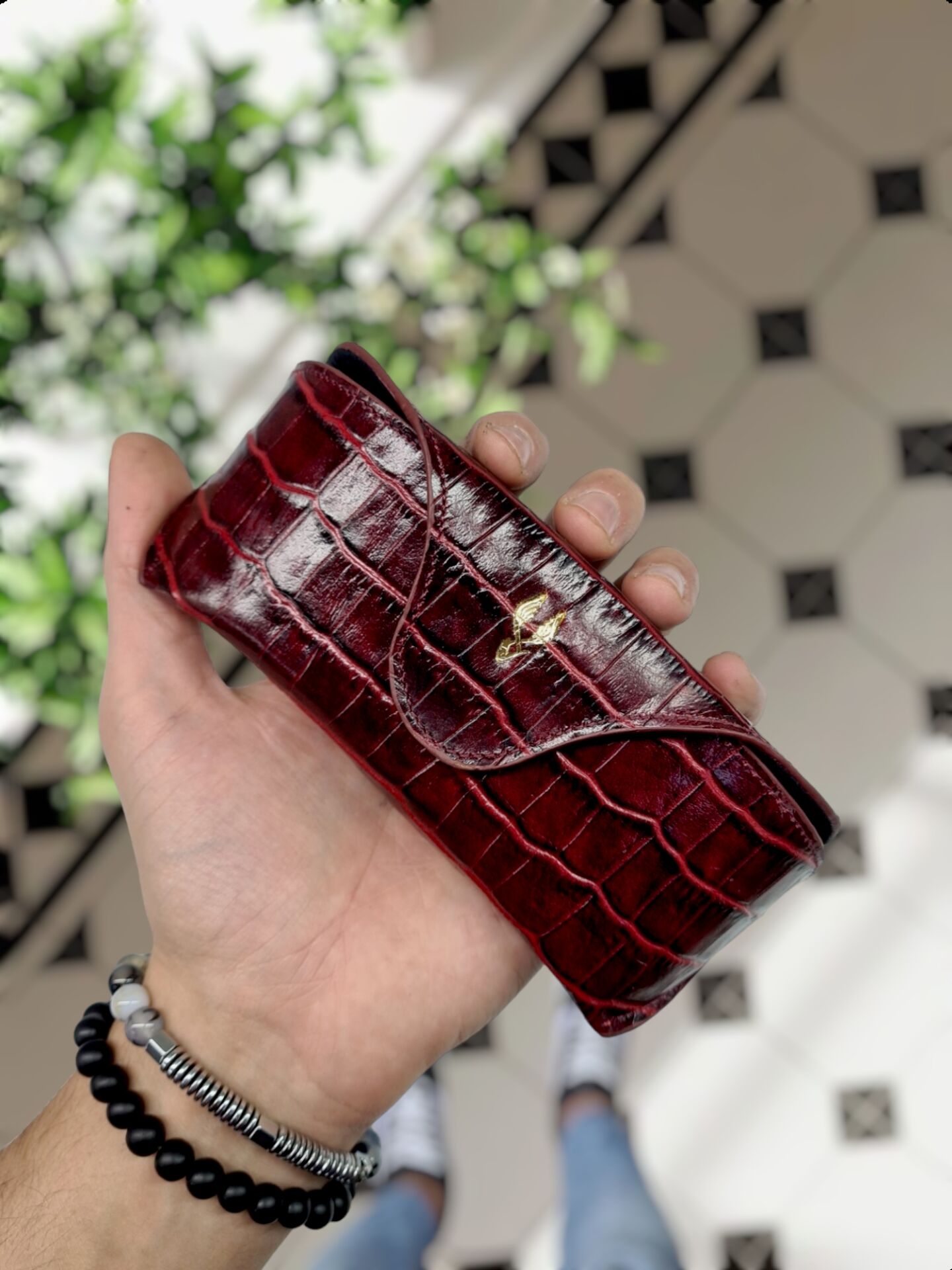 VİSSO 888 Hakiki Deri İsme Özel Deri Gözlük Kılıfı Bordo Croco gözlük çanta