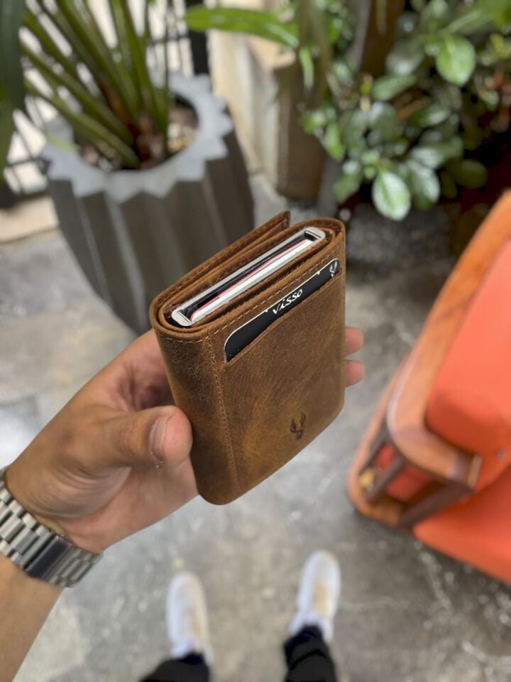 VİSSO 684 Hakiki Deri Kağıt Para Bölmeli Mekanizmalı Kartlık Cüzdan Kişiye Özel Çanta FINDIK MATRİX
