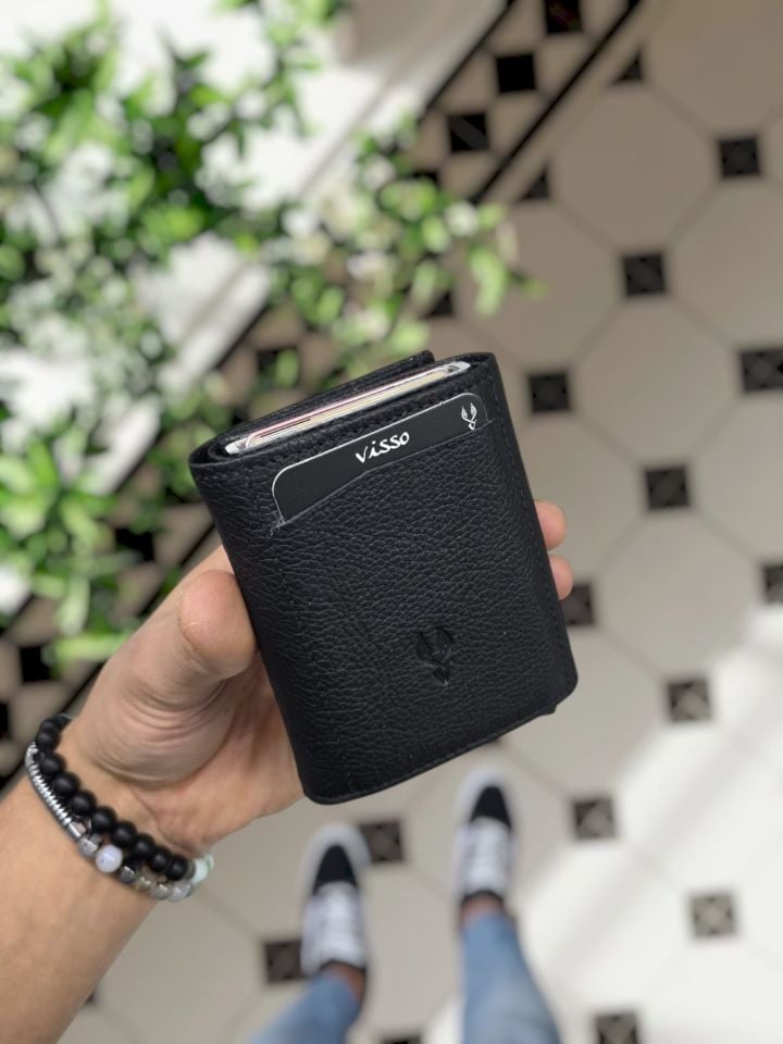 VİSSO 684 Hakiki Deri Kağıt Para Bölmeli Mekanizmalı Kartlık Cüzdan Kişiye Özel Çanta SİYAH NATURAL