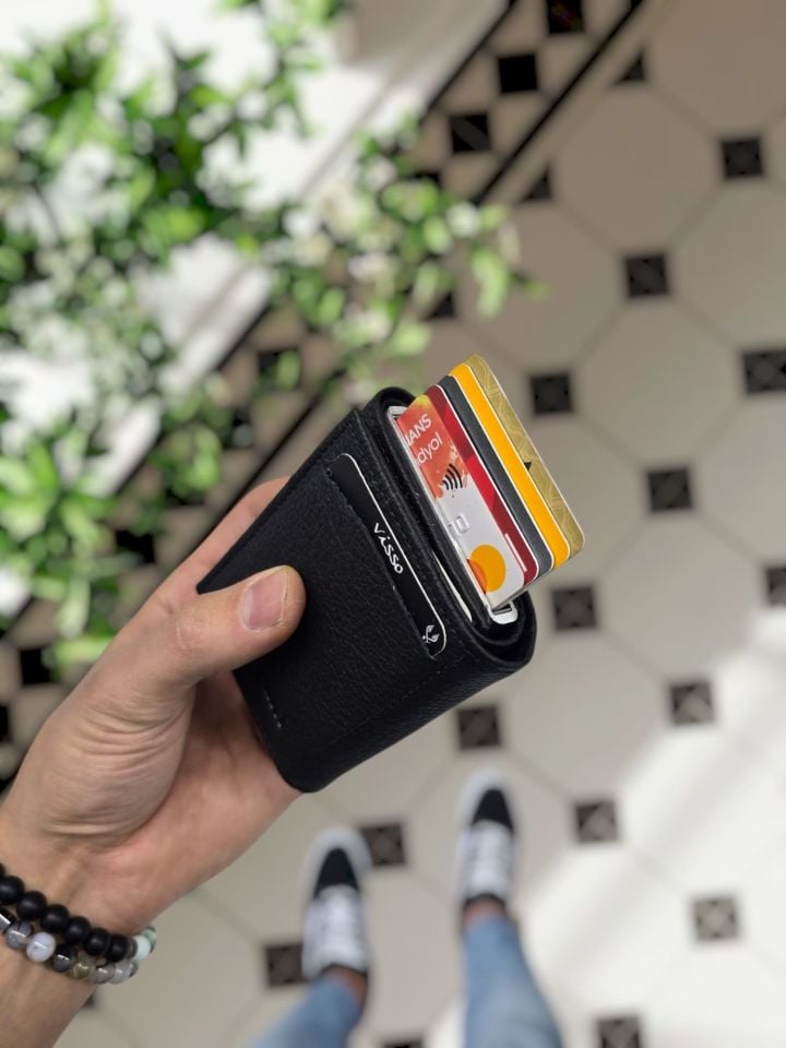 VİSSO 684 Hakiki Deri Kağıt Para Bölmeli Mekanizmalı Kartlık Cüzdan Kişiye Özel Çanta SİYAH NATURAL