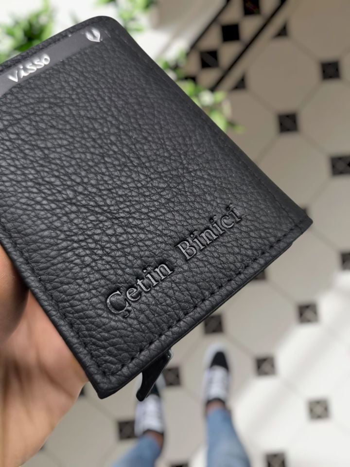 VİSSO 684 Hakiki Deri Kağıt Para Bölmeli Mekanizmalı Kartlık Cüzdan Kişiye Özel Çanta SİYAH NATURAL