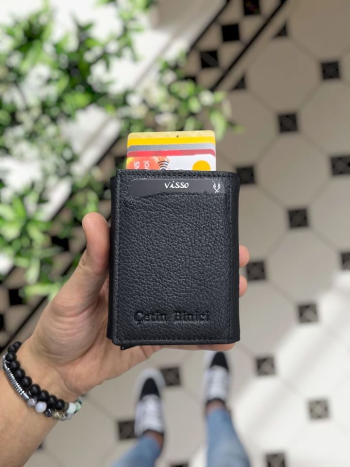 VİSSO 684 Hakiki Deri Kağıt Para Bölmeli Mekanizmalı Kartlık Cüzdan Kişiye Özel Çanta SİYAH NATURAL