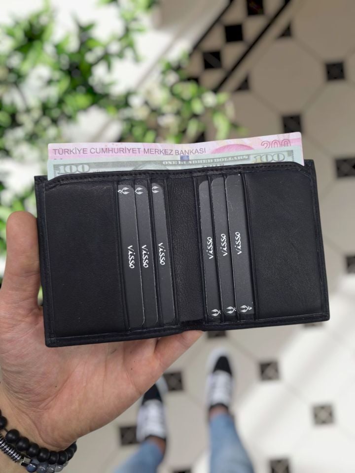 VİSSO 118 GERÇEK DERİ ÇANTA İSME ÖZEL KREDİ KARTLIK BÖLMELİ KAĞIT PARA BÖLMELİ ERKEK KADIN SİYAH RENK DERİ CÜZDAN