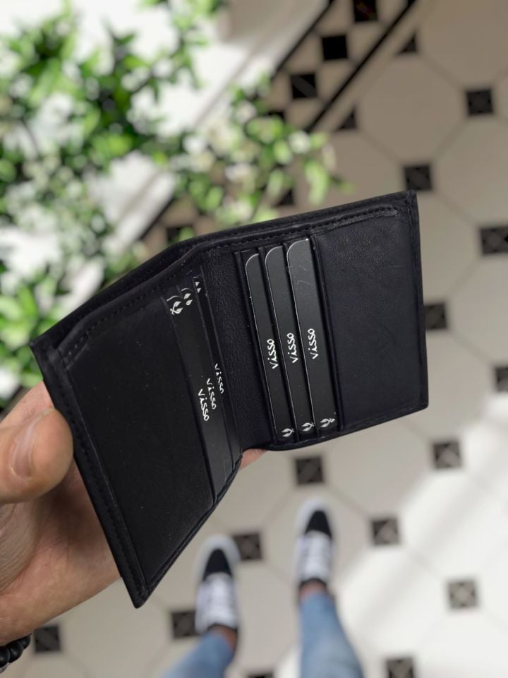 VİSSO 118 GERÇEK DERİ ÇANTA İSME ÖZEL KREDİ KARTLIK BÖLMELİ KAĞIT PARA BÖLMELİ ERKEK KADIN SİYAH RENK DERİ CÜZDAN