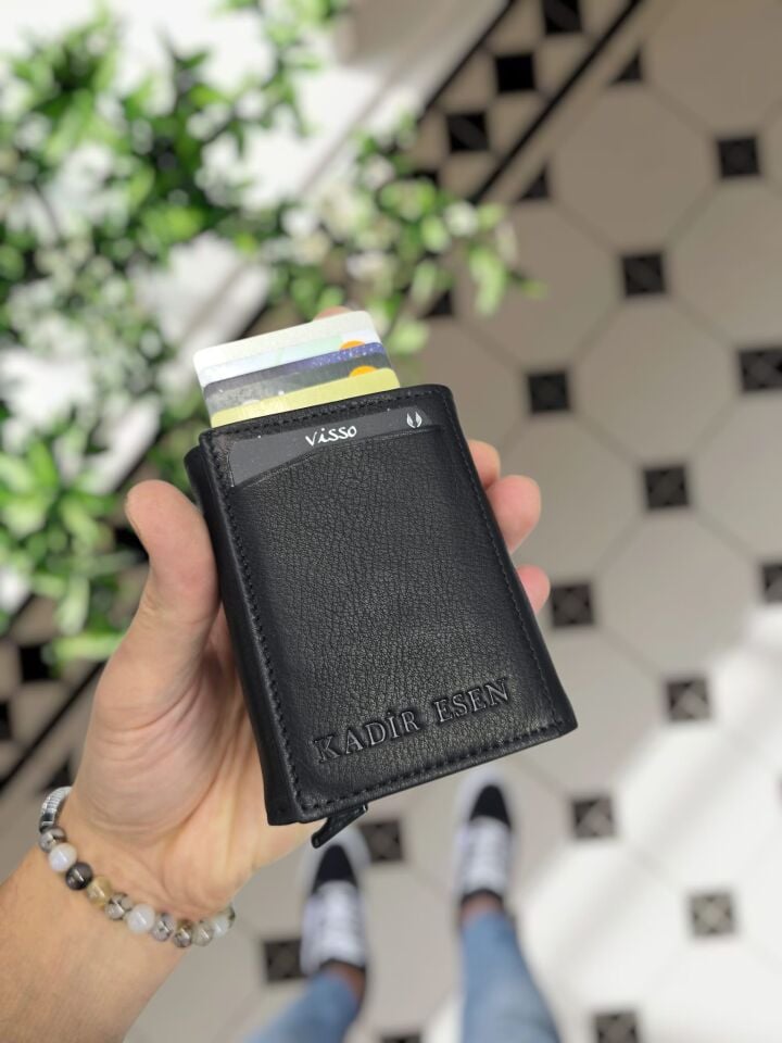 VİSSO 684 Hakiki Deri Kağıt Para Bölmeli Mekanizmalı Kartlık Cüzdan Kişiye Özel Çanta SİYAH NATURAL