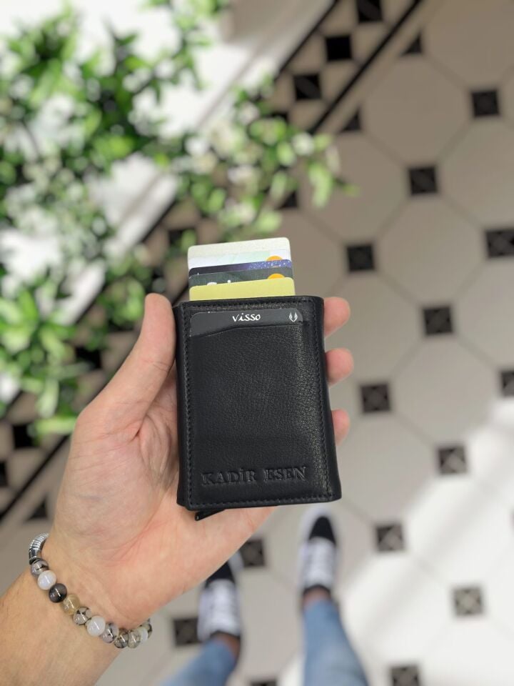 VİSSO 684 Hakiki Deri Kağıt Para Bölmeli Mekanizmalı Kartlık Cüzdan Kişiye Özel Çanta SİYAH NATURAL