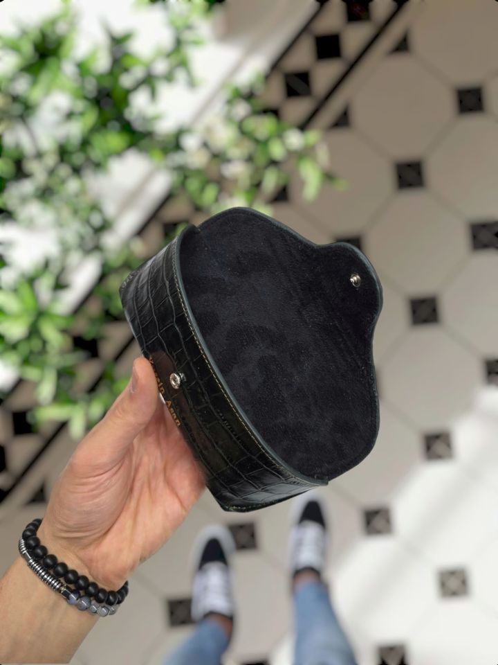 Visso 888 Kişiye Özel İsim Baskılı Hakiki Dana Derisi İçi Kadife Çıtçıtlı Kilit Kapak Hakiki Deri Gözlük Kılıfı - Çanta Unisex Yeşil Croco