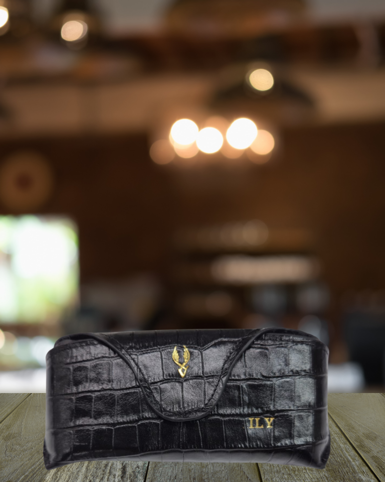 VİSSO 888 Hakiki Deri İsme Özel Deri Gözlük Kılıfı Siyah Croco gözlük çanta