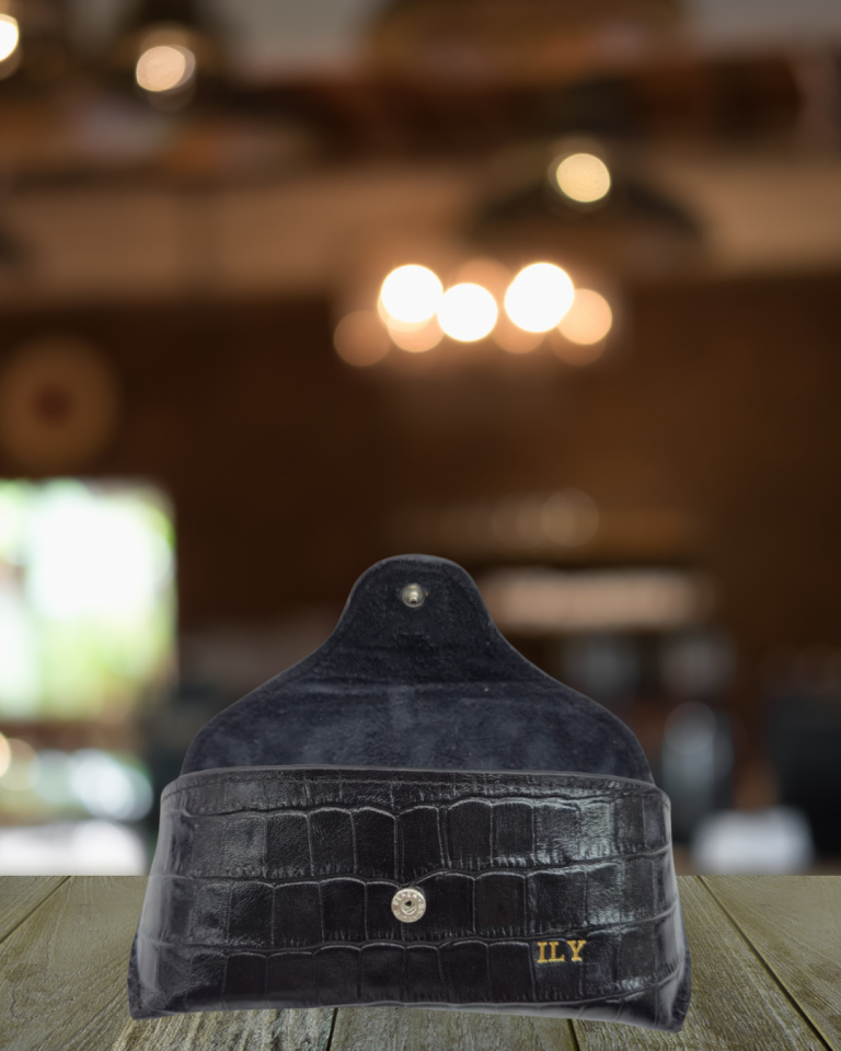 VİSSO 888 Hakiki Deri İsme Özel Deri Gözlük Kılıfı Siyah Croco gözlük çanta