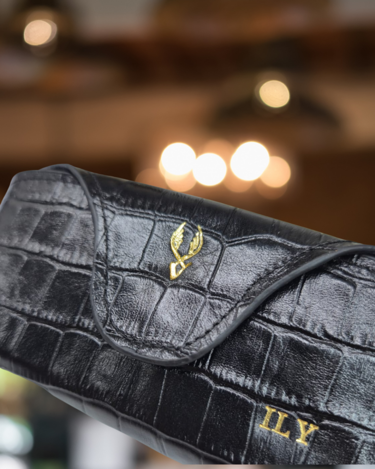 VİSSO 888 Hakiki Deri İsme Özel Deri Gözlük Kılıfı Siyah Croco gözlük çanta