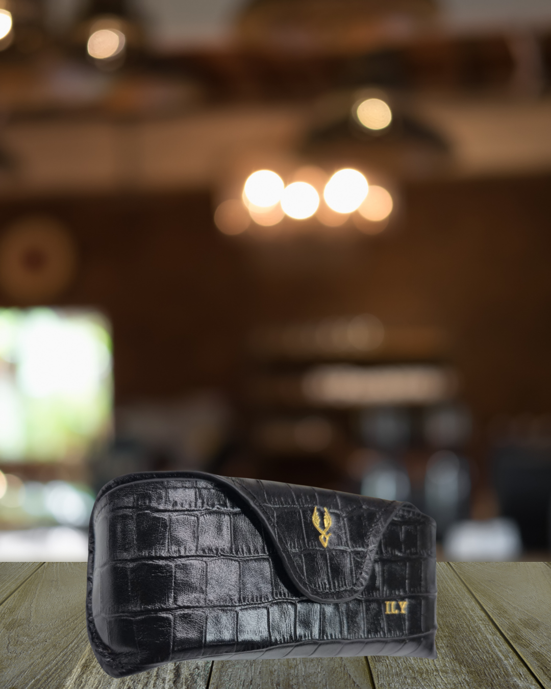 VİSSO 888 Hakiki Deri İsme Özel Deri Gözlük Kılıfı Siyah Croco gözlük çanta