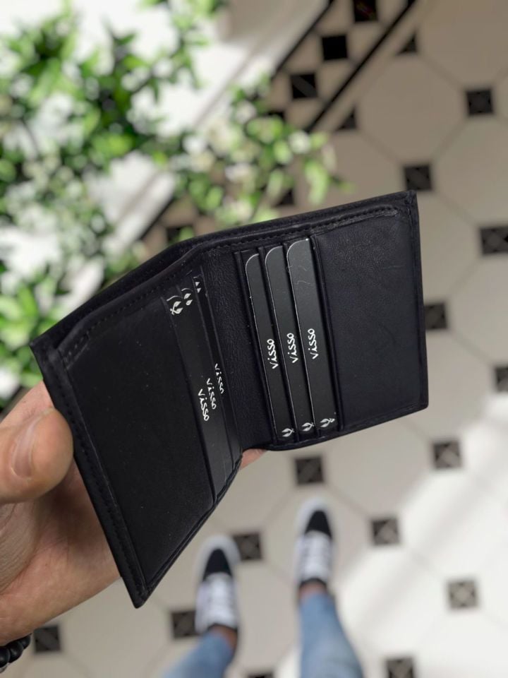 VİSSO 118 GERÇEK DERİ ÇANTA İSME ÖZEL KREDİ KARTLIK BÖLMELİ KAĞIT PARA BÖLMELİ ERKEK KADIN SİYAH RENK DERİ CÜZDAN + ANAHTARLIK