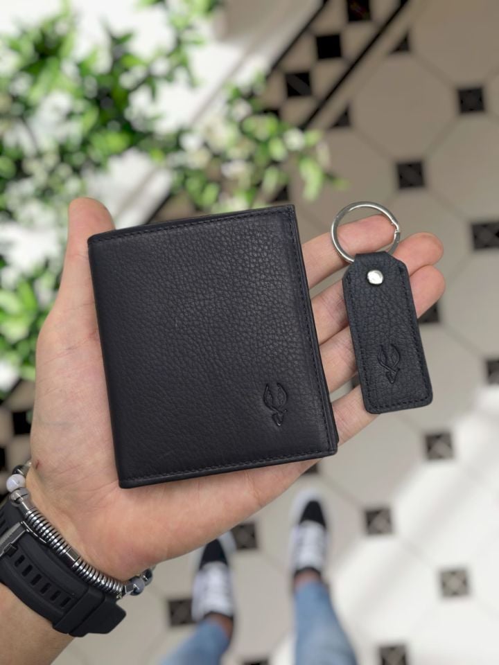 VİSSO 118 GERÇEK DERİ ÇANTA İSME ÖZEL KREDİ KARTLIK BÖLMELİ KAĞIT PARA BÖLMELİ ERKEK KADIN SİYAH RENK DERİ CÜZDAN + ANAHTARLIK