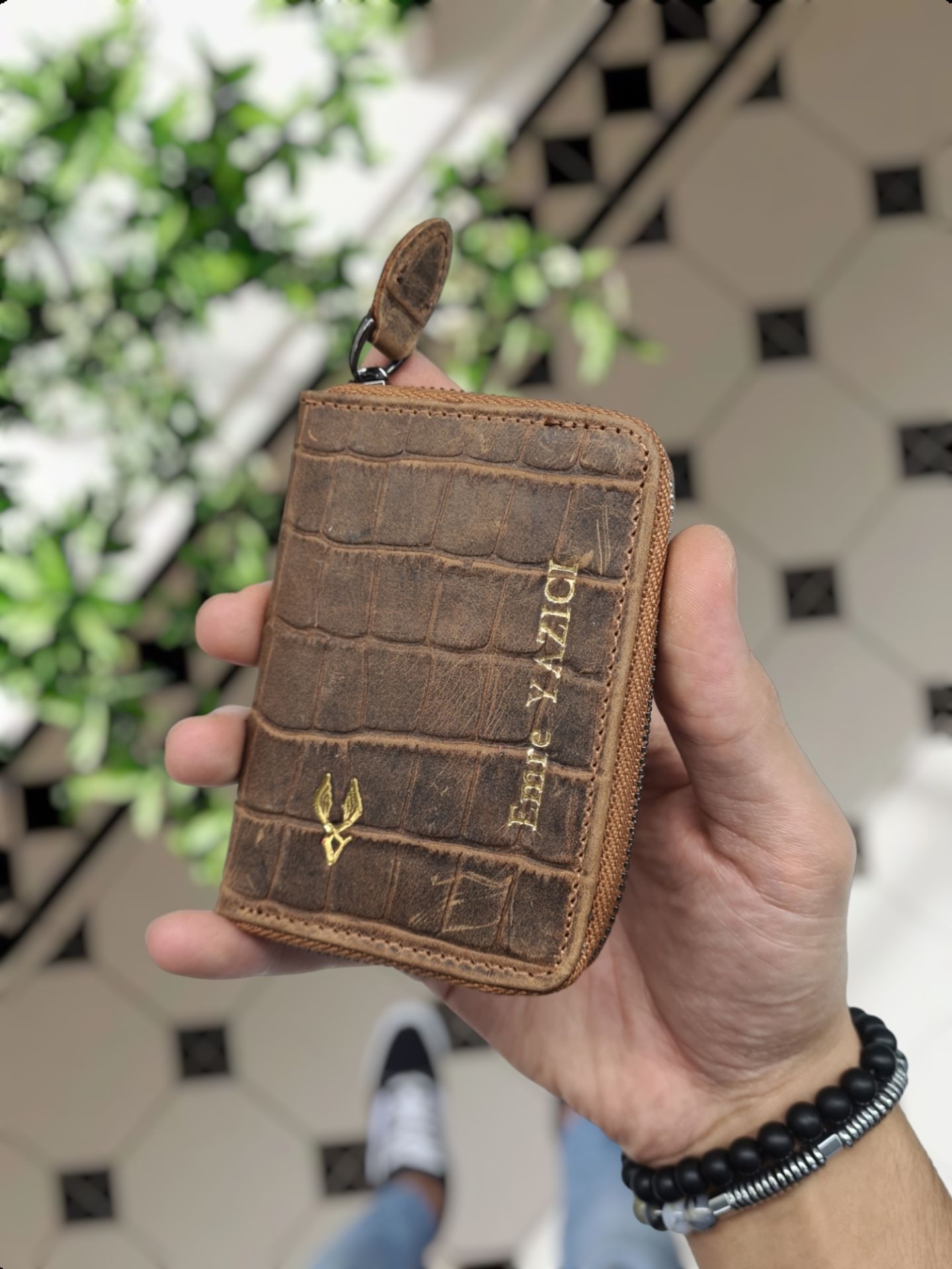 VİSSO 661 GERÇEK DERİ ÇANTA İSME ÖZEL  KCROCO ERKEK VE KADIN İÇİN FERMUARLI AKORDİYON-YELPAZE KREDİ KARTLIK MODEL  Eskitme Croco Taba