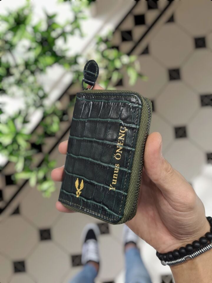 VİSSO 661 GERÇEK DERİ ÇANTA İSME ÖZEL  KCROCO ERKEK VE KADIN İÇİN FERMUARLI AKORDİYON-YELPAZE KREDİ KARTLIK MODEL  Yeşil Croco