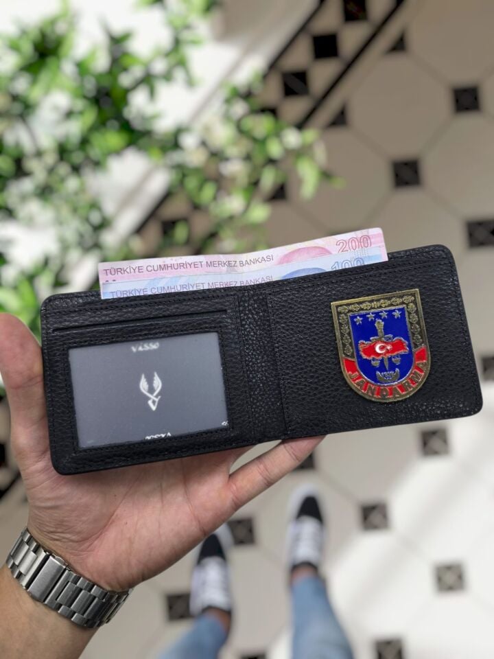 VİSSO 1236 HAKİKİ DERİ ÇANTA İSME ÖZEL Jandarma ROZETLİ KAĞIT PARA VE KİMLİK BÖLMELİ ERKEK VE KADIN CÜZDAN Siyah Gutty