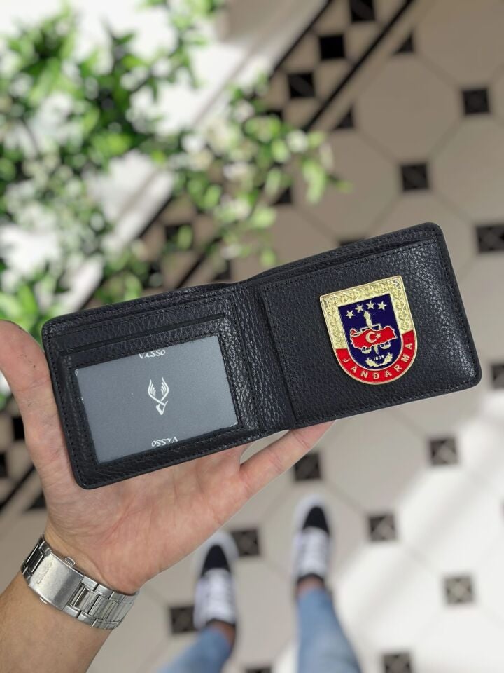 VİSSO 1236 Jandarma Rozetli HAKİKİ DERİ ÇANTA İSME ÖZEL Jandarma ROZETLİ KAĞIT PARA VE KİMLİK BÖLMELİ ERKEK VE KADIN CÜZDAN Siyah Gutty