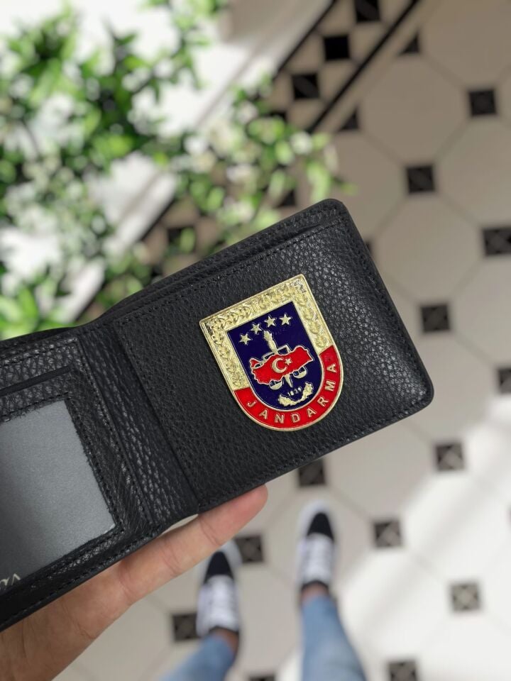 VİSSO 1236 Jandarma Rozetli HAKİKİ DERİ ÇANTA İSME ÖZEL Jandarma ROZETLİ KAĞIT PARA VE KİMLİK BÖLMELİ ERKEK VE KADIN CÜZDAN Siyah Gutty