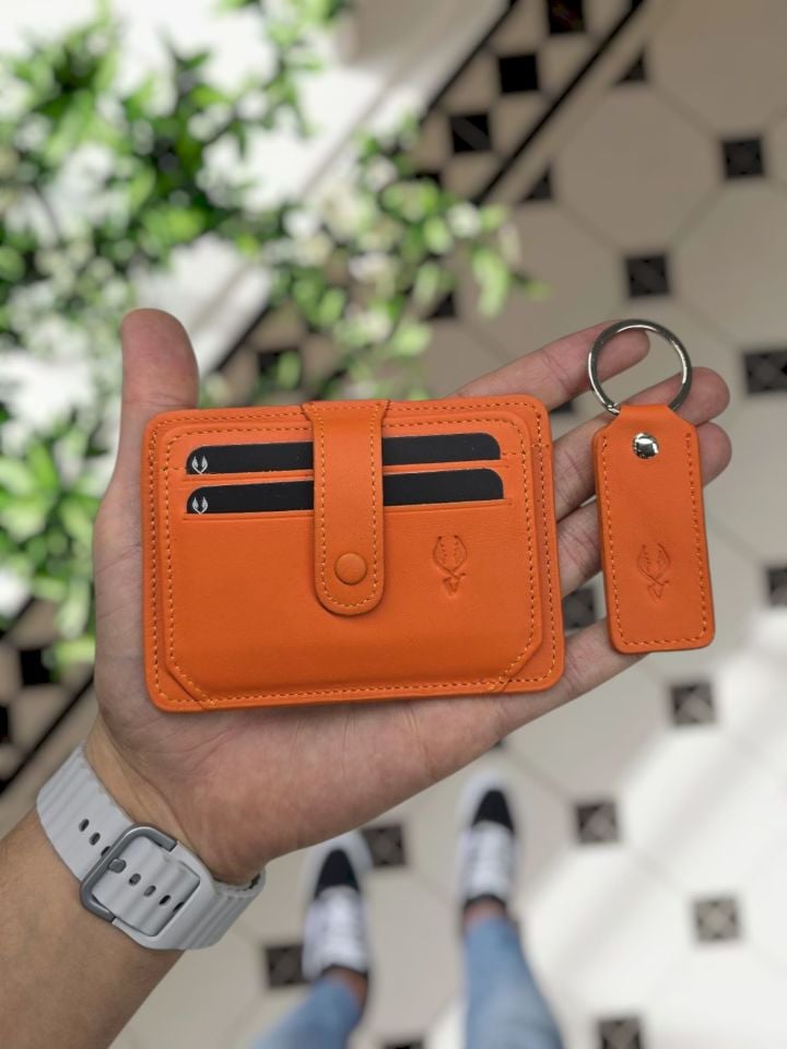 VİSSO 653 Hakiki Deri ÇANTA İSME ÖZEL Kağıt Para Bölmeli Kimlik Kart Gözlü  ERKEK VE KADIN  Kredi Kartlık Cüzdan Çanta TURUNCU NAPA + ANAHTARLIK