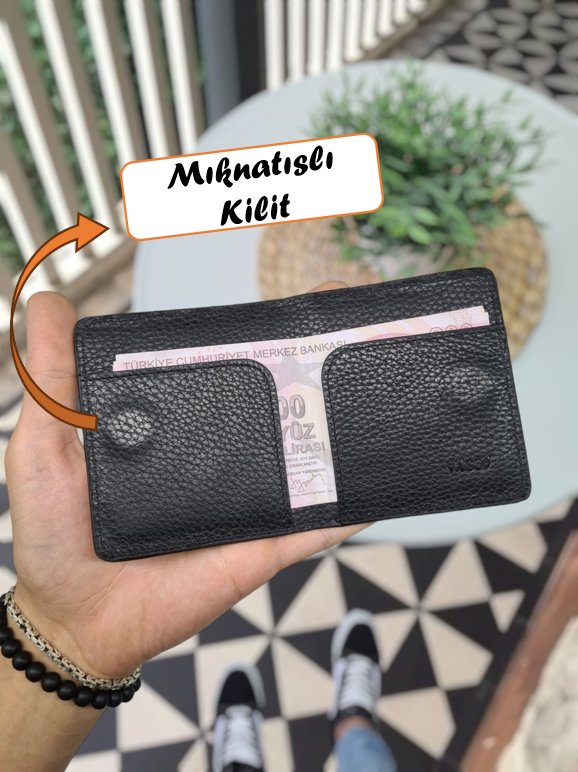VİSSO 657 HAKİKİ DERİ ÇANTA  İSME ÖZEL SİYAH RENK KAĞIT PARA BÖLMELİ KADIN ERKEK DERİ Mıknatıslı KREDİ KARTLIK Siyah Gutty