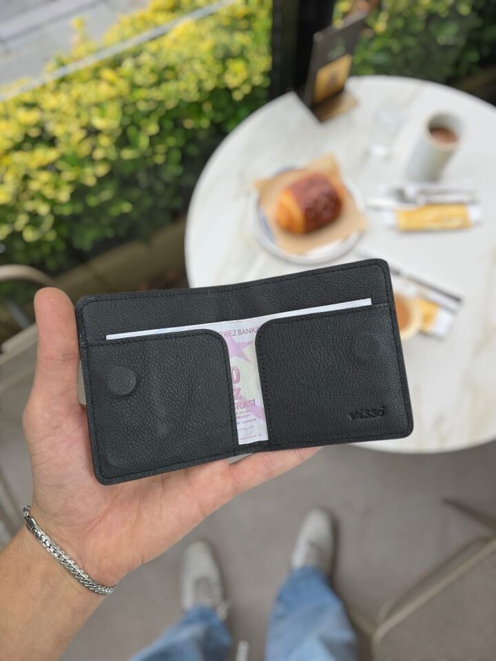 VİSSO 657 HAKİKİ DERİ ÇANTA  İSME ÖZEL SİYAH RENK KAĞIT PARA BÖLMELİ KADIN ERKEK DERİ Mıknatıslı KREDİ KARTLIK Siyah Gutty