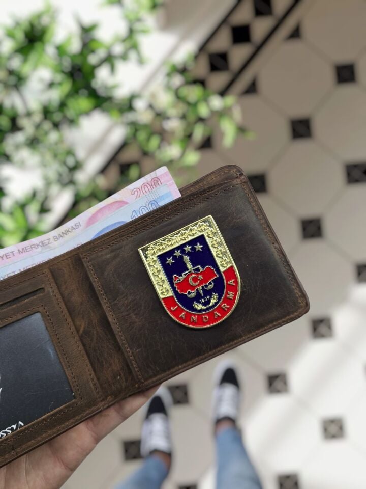 VİSSO 1236 Jandarma Rozetli HAKİKİ DERİ ÇANTA İSME ÖZEL  Jandarma ROZETLİ KAĞIT PARA VE KİMLİK BÖLMELİ ERKEK VE KADIN CÜZDAN Kahve Matrix