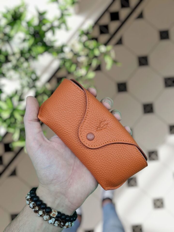 VİSSO 888 Hakiki Deri İsme Özel Deri Gözlük Kılıfı  gözlük çanta Turuncu GUTTY