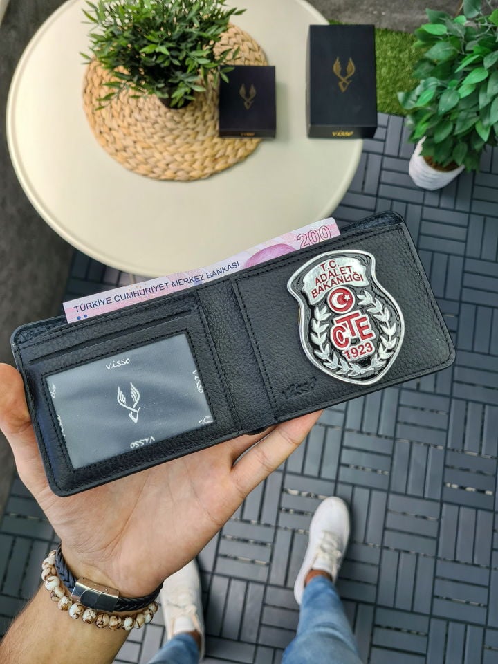 VİSSO 1236 HAKİKİ DERİ ÇANTA İSME ÖZEL Ceza İnfaz Gardiyan ROZETLİ KAĞIT PARA VE KİMLİK BÖLMELİ ERKEK VE KADIN CÜZDAN Siyah Gutty