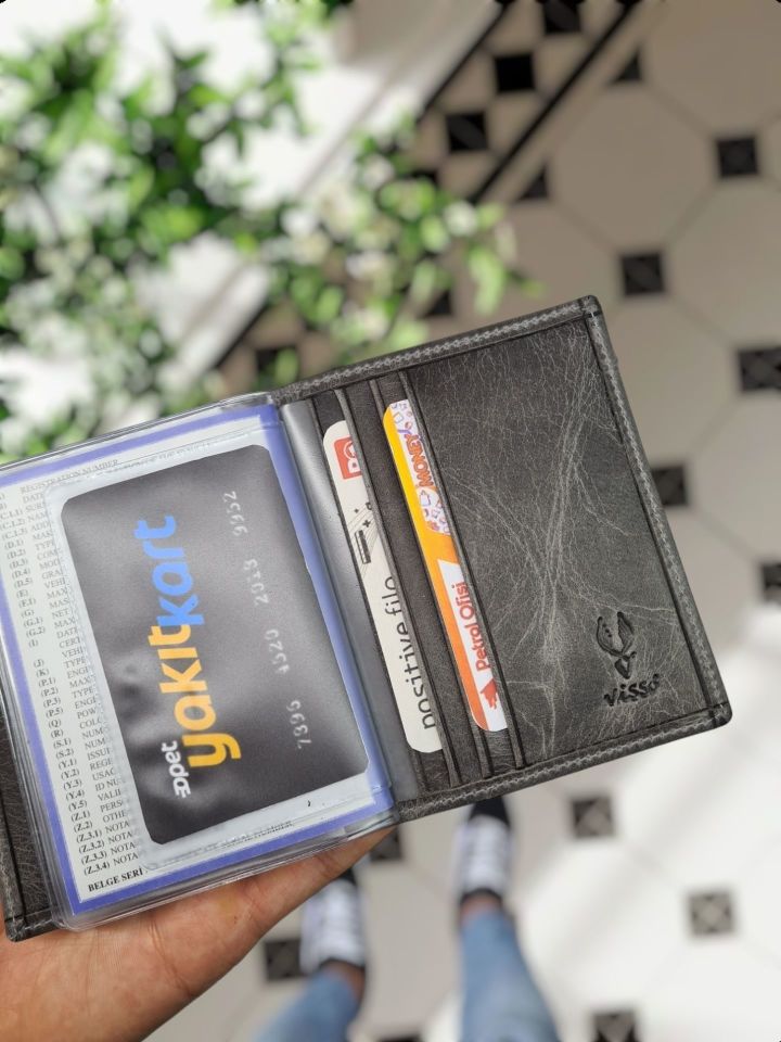 TESLA  VİSSO 1904 Hakiki Deri Araç Ruhsat Kılıf İsme Özel Çanta Erkek Kadın Modeli  TESLA  GRİ RENK