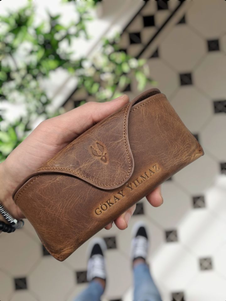 VİSSO 888 Hakiki Deri İsme Özel Deri Gözlük Kılıfı Fındık Matrix gözlük çanta