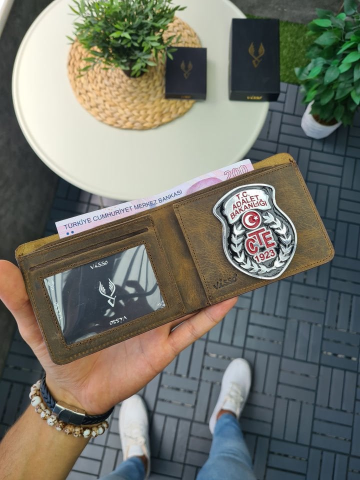 VİSSO 1236 HAKİKİ DERİ ÇANTA İSME ÖZEL  Ceza İnfaz Gardiyan ROZETLİ KAĞIT PARA VE KİMLİK BÖLMELİ ERKEK VE KADIN CÜZDAN Kahve Matrix